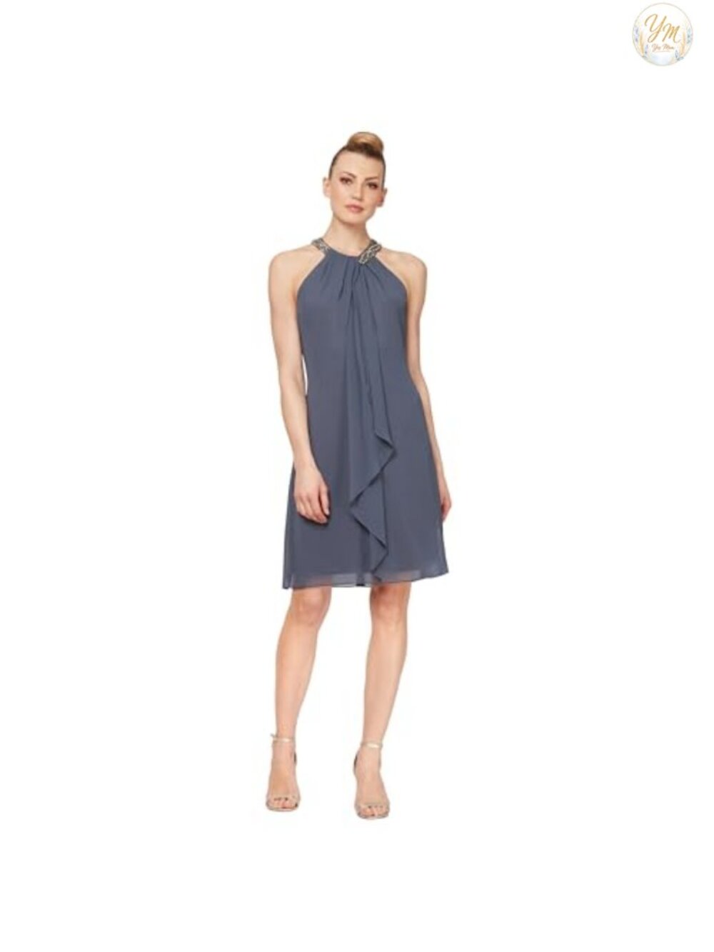 Beaded Halter Sheath Cocktail Dress, Sleeveless Chiffon